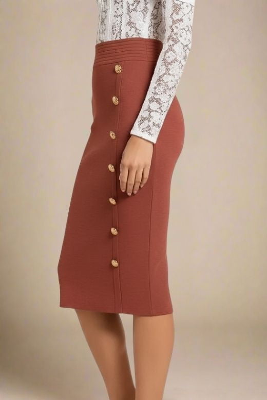 Woman wearing a figure flattering  Jessie Midi Pencil Skirt - Tan Brown BODYCON COLLECTION Pty Ltd