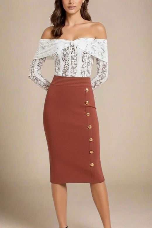 Woman wearing a figure flattering  Jessie Midi Pencil Skirt - Tan Brown BODYCON COLLECTION Pty Ltd
