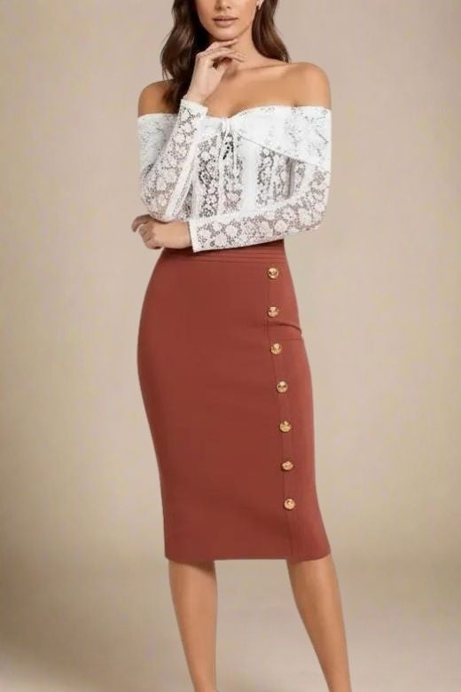 Woman wearing a figure flattering  Jessie Midi Pencil Skirt - Tan Brown BODYCON COLLECTION Pty Ltd