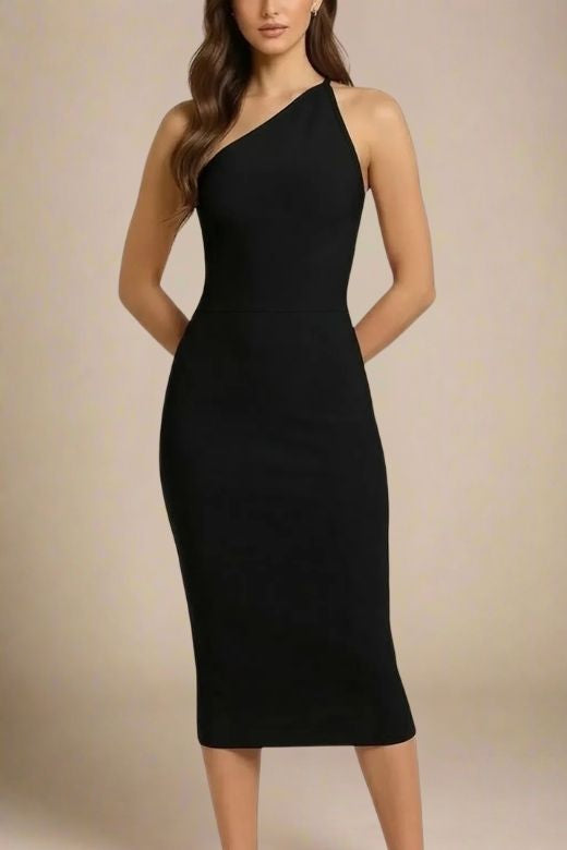 Woman wearing a figure flattering  Joi Bodycon Midi Dress - Classic Black Bodycon Collection