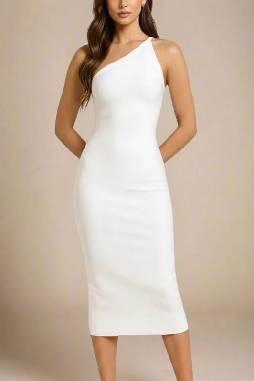 Woman wearing a figure flattering  Joi Bodycon Midi Dress - White Pearl Bodycon Collection
