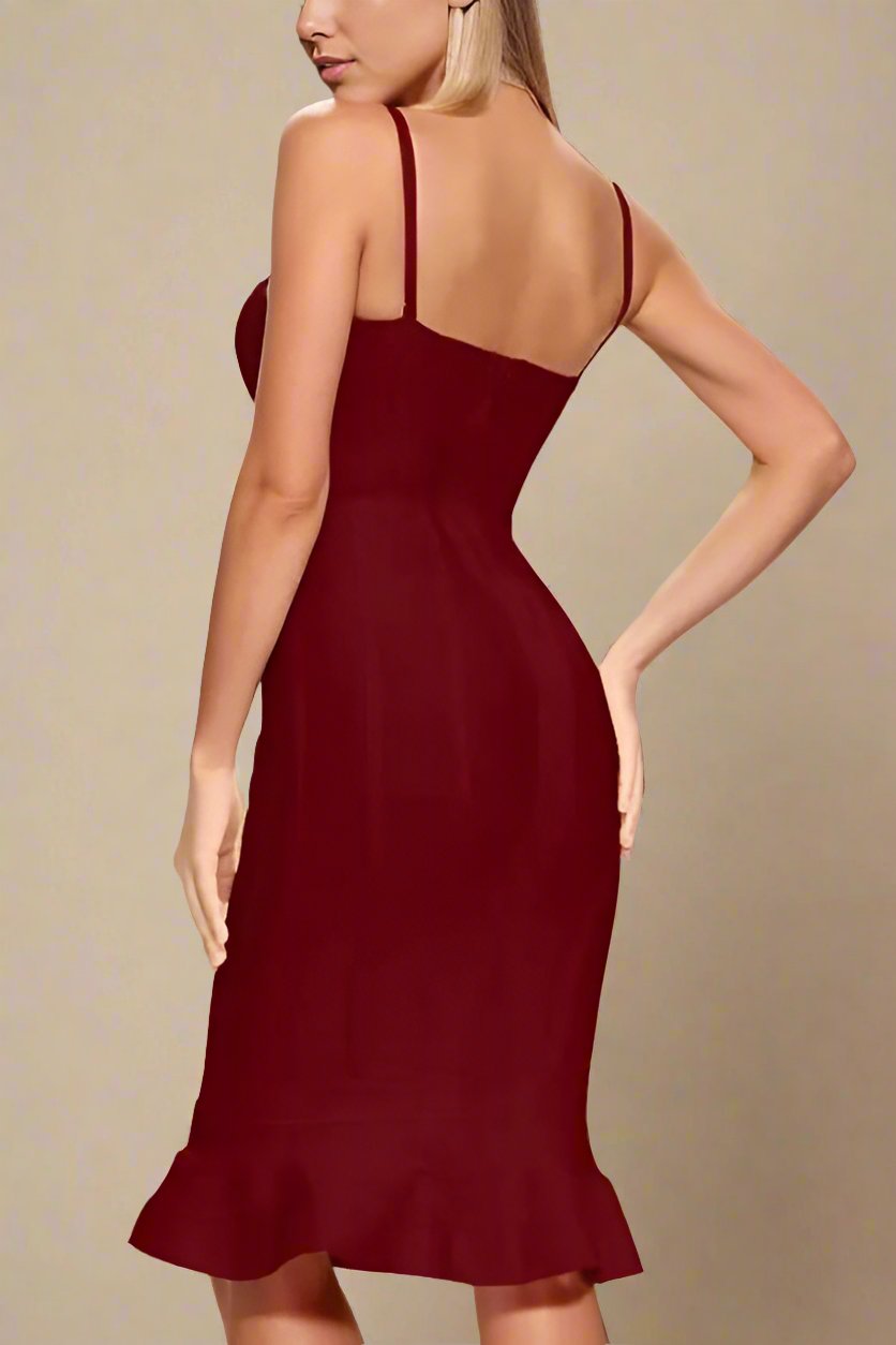 Woman wearing a figure flattering  Joy Bandage Midi Dress - Red Wine Bodycon Collection