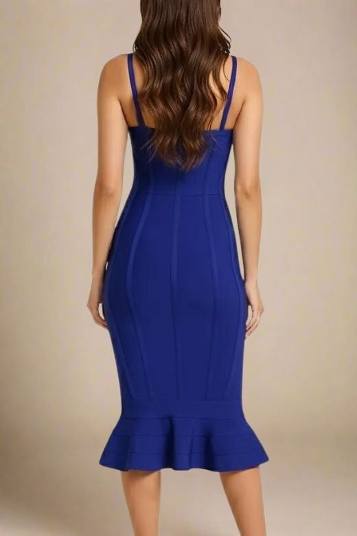 Woman wearing a figure flattering  Joy Bandage Midi Dress - Royal Blue Bodycon Collection