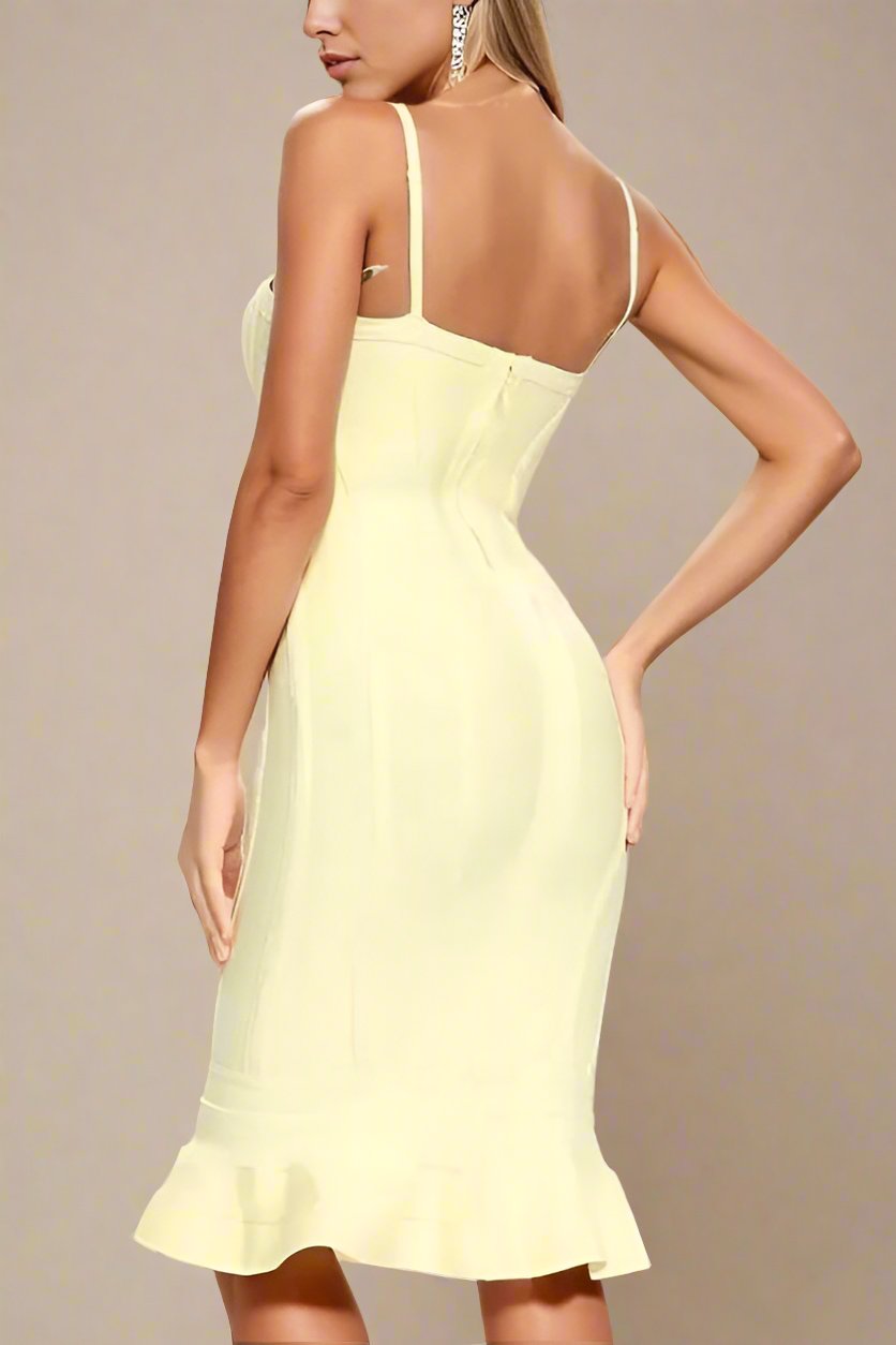 Woman wearing a figure flattering  Joy Bandage Midi Dress - Sun Yellow Bodycon Collection