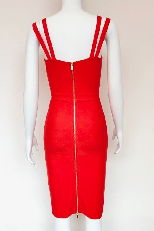 Woman wearing a figure flattering  Kate Bandage Dress - Lipstick Red Bodycon Collection