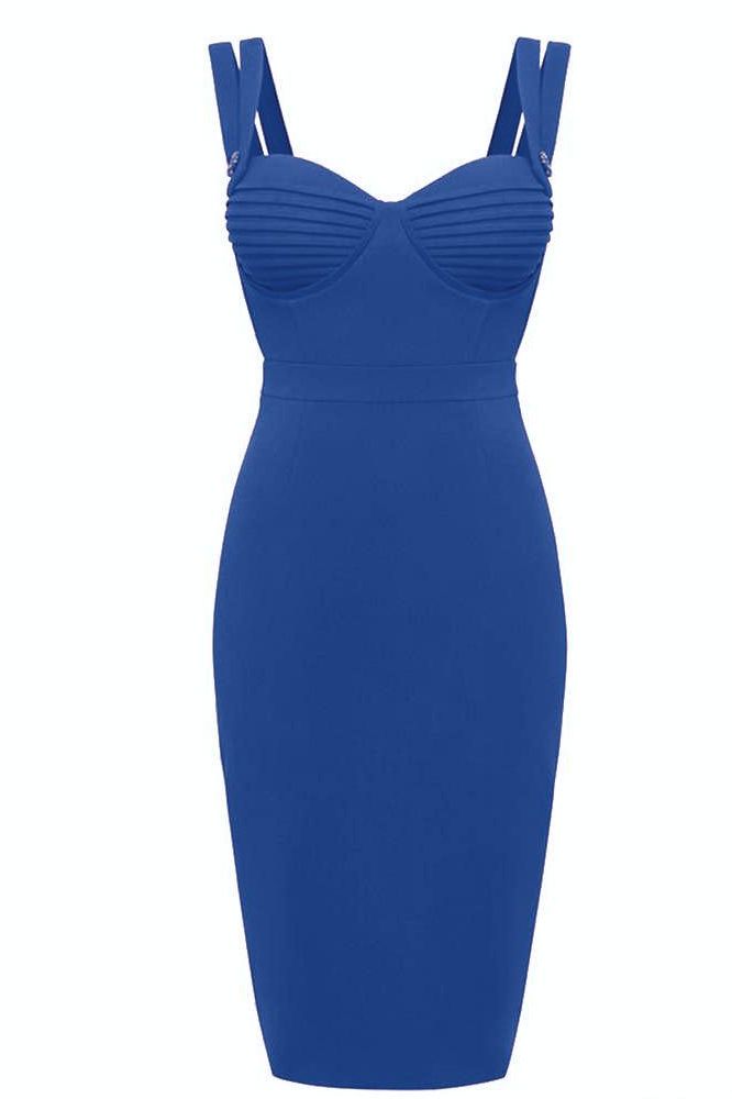 Woman wearing a figure flattering  Kate Bandage Dress - Royal Blue Bodycon Collection