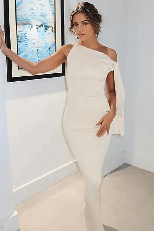 Woman wearing a figure flattering  Kelly Bodycon Maxi Dress - Pearl White BODYCON COLLECTION