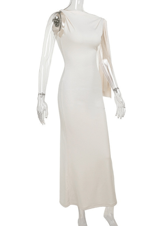 Woman wearing a figure flattering  Kelly Bodycon Maxi Dress - Pearl White BODYCON COLLECTION