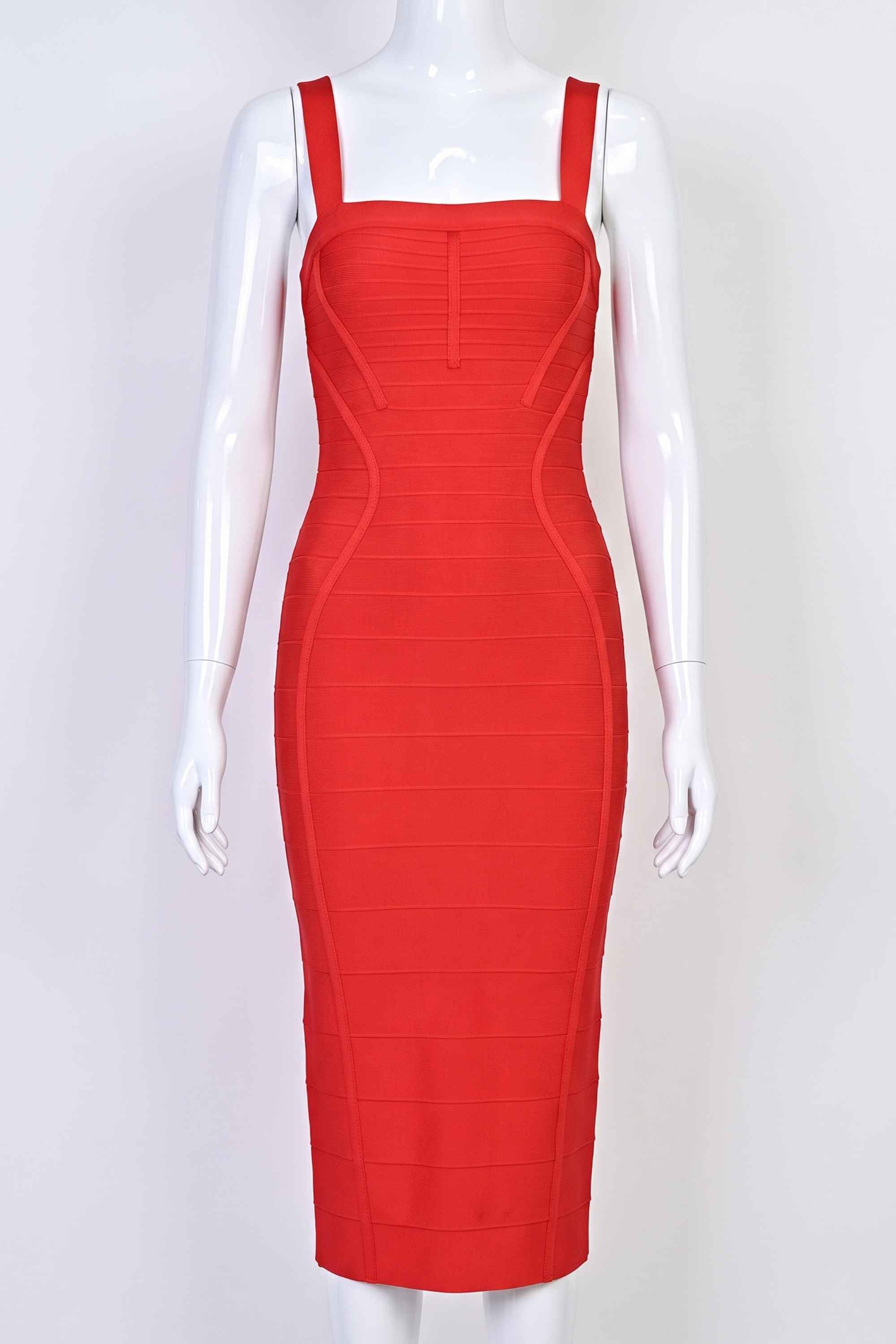 Woman wearing a figure flattering  Kendall Bandage Midi Dress - Lipstick Red BODYCON COLLECTION