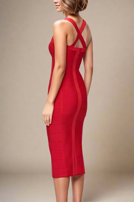 Woman wearing a figure flattering  Kendall Bandage Midi Dress - Lipstick Red BODYCON COLLECTION