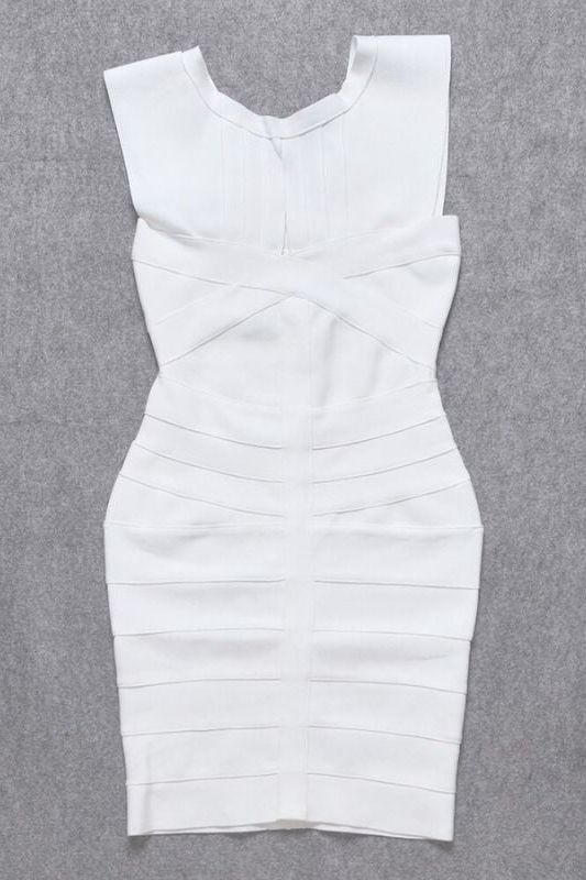 Woman wearing a figure flattering  Kia Bandage Dress - Pearl White BODYCON COLLECTION