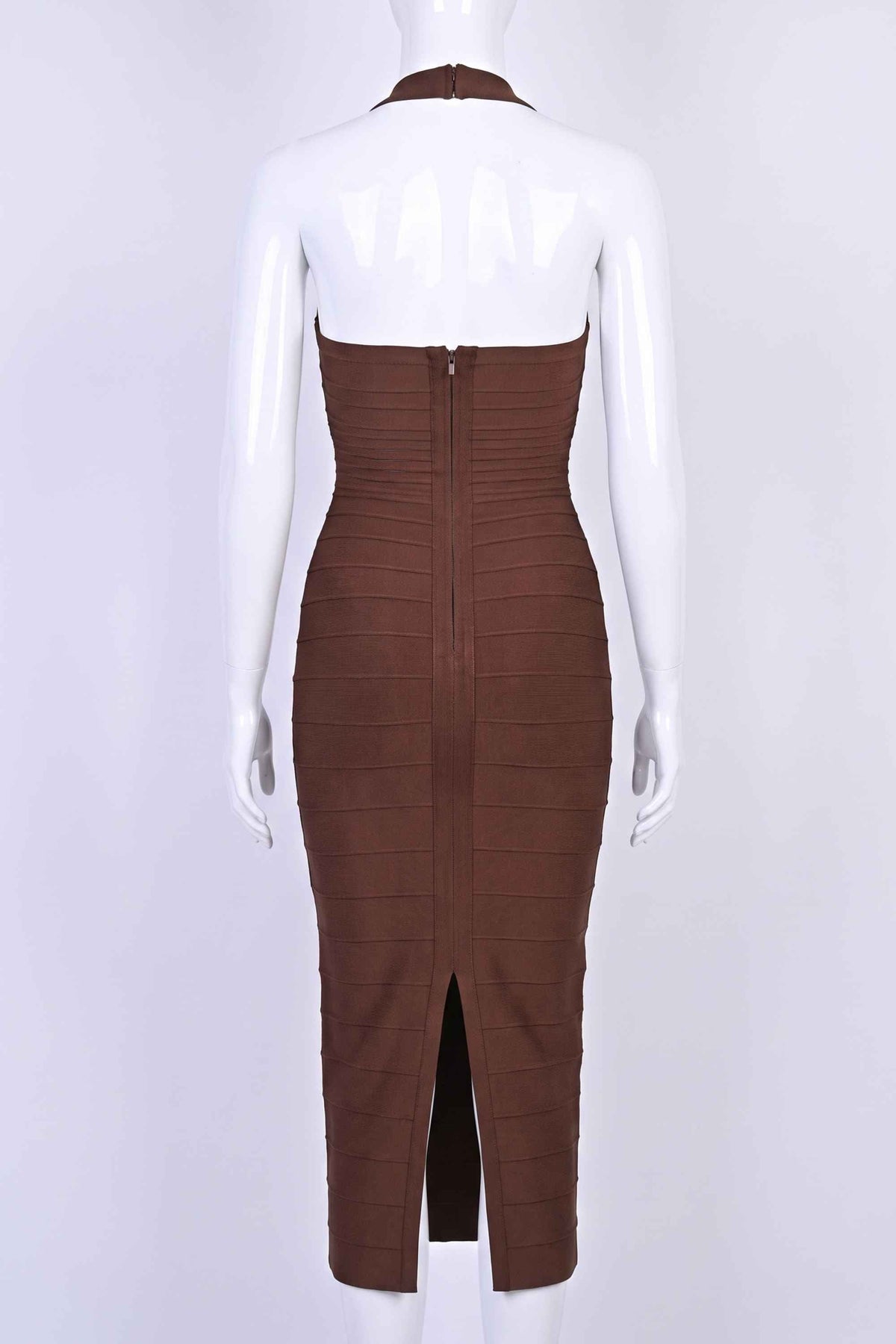 Woman wearing a figure flattering  Kia Bandage Maxi Dress - Chocolate Brown BODYCON COLLECTION Pty Ltd