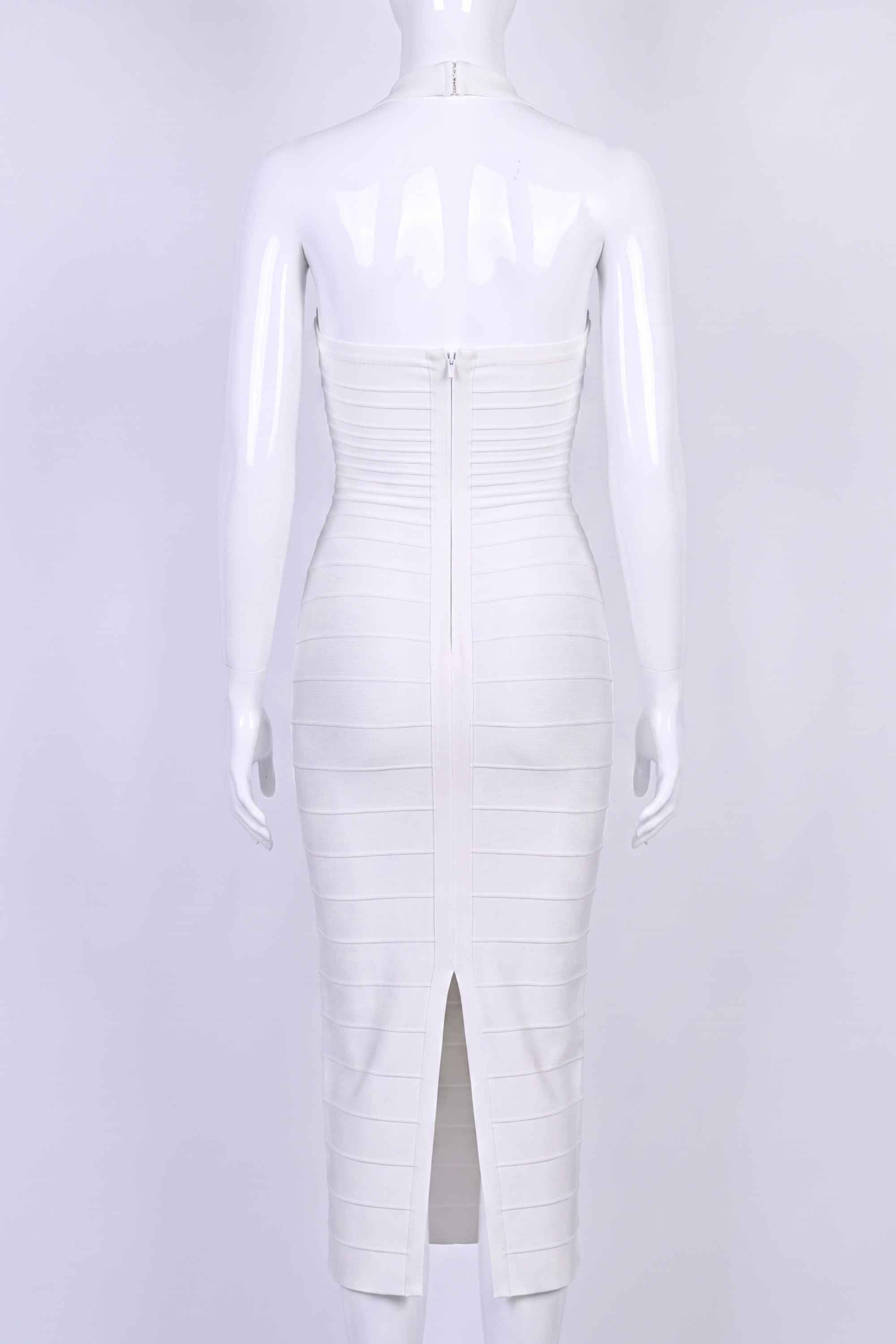 Woman wearing a figure flattering  Kia Bandage Maxi Dress - White Pearl BODYCON COLLECTION Pty Ltd