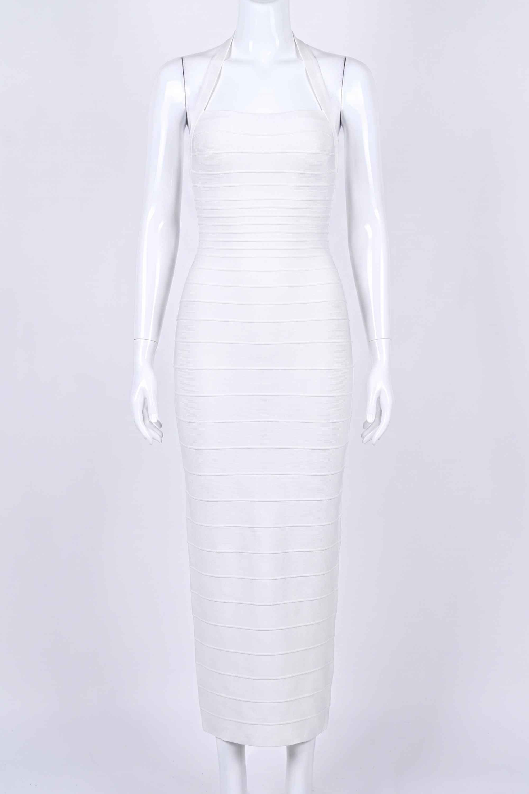 Woman wearing a figure flattering  Kia Bandage Maxi Dress - White Pearl BODYCON COLLECTION Pty Ltd