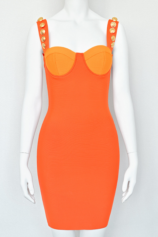 Woman wearing a figure flattering  Kiki Bandage Mini Dress - Apricot Orange BODYCON COLLECTION