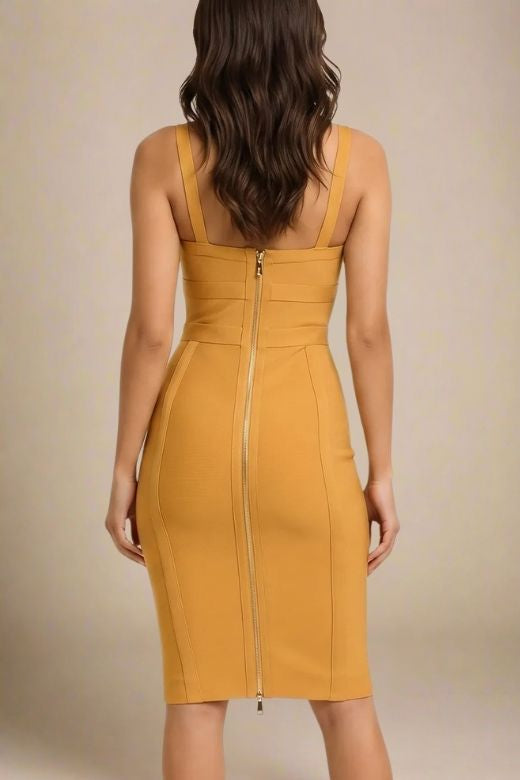 Woman wearing a figure flattering  Kit Bandage Dress - Apricot Orange Bodycon Collection