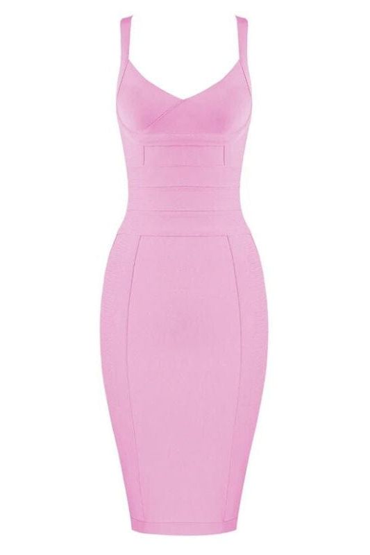 Woman wearing a figure flattering  Kit Bandage Dress - Blush Pink Bodycon Collection