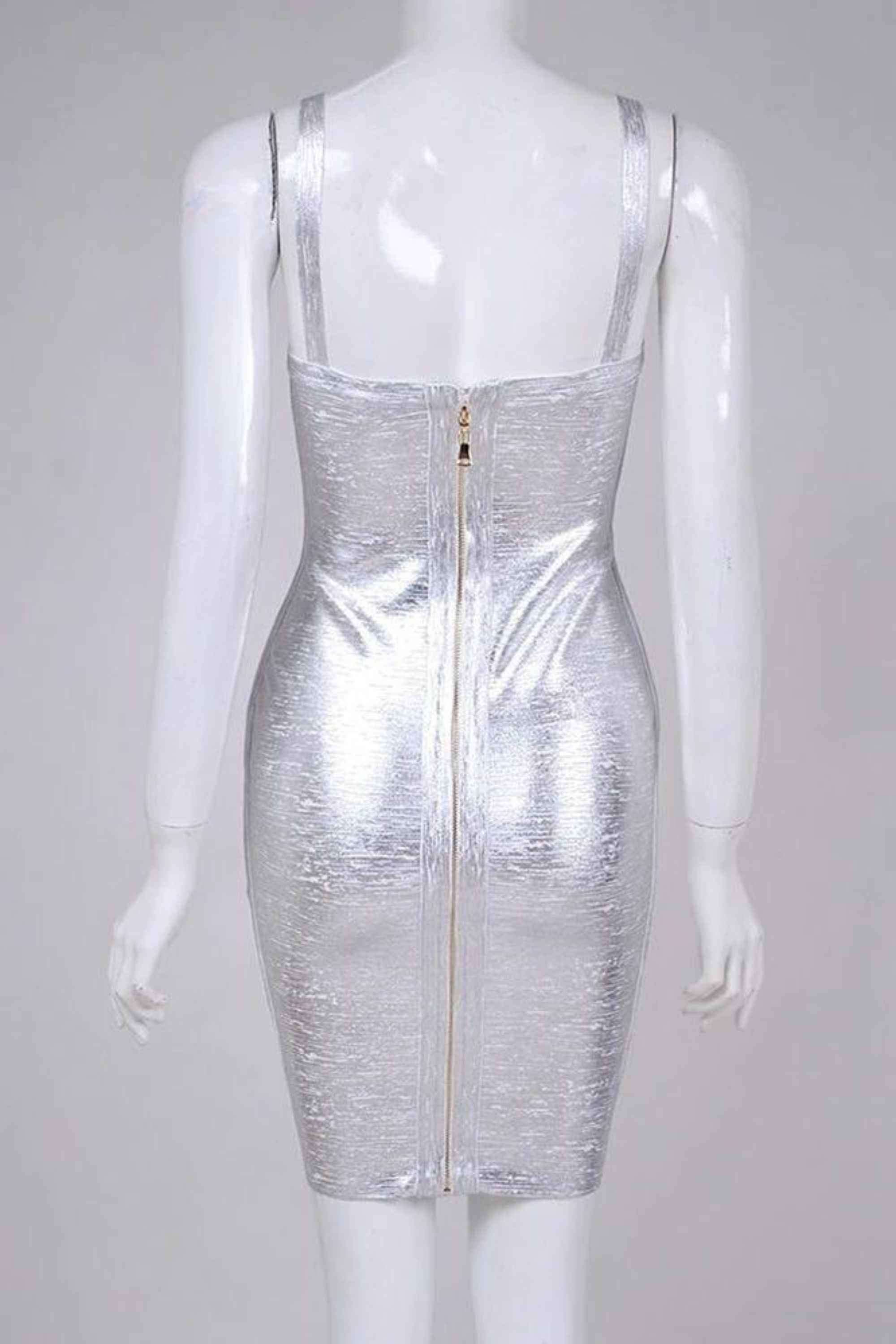 Woman wearing a figure flattering  Kit Bandage Dress - Silver Bodycon Collection