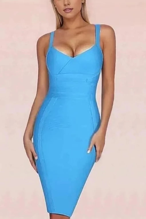 Woman wearing a figure flattering  Kit Bandage Dress - Sky Blue Bodycon Collection