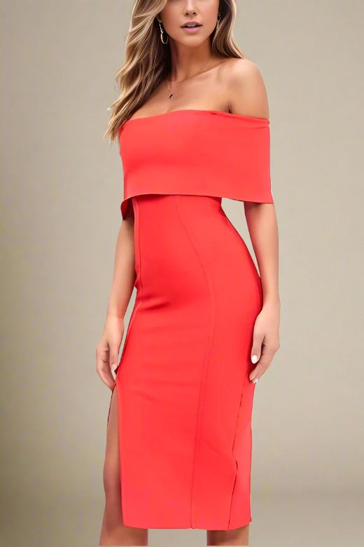 Woman wearing a figure flattering  Kristina Bodycon Dress Dress - Lipstick Red BODYCON COLLECTION