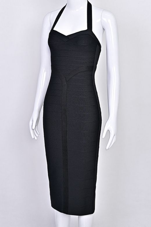 Woman wearing a figure flattering  Lara Bandage Midi Dress - Classic Black BODYCON COLLECTION Pty Ltd