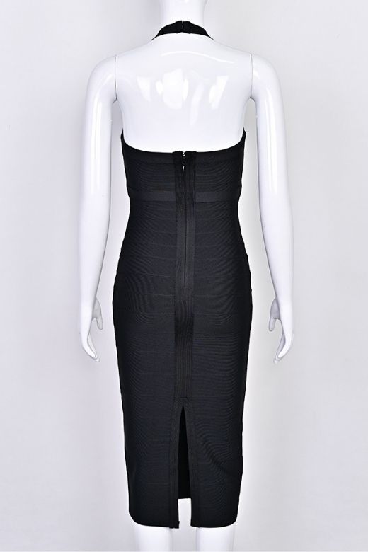 Woman wearing a figure flattering  Lara Bandage Midi Dress - Classic Black BODYCON COLLECTION Pty Ltd