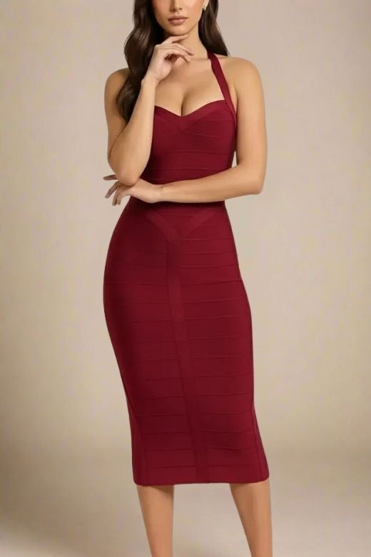 Woman wearing a figure flattering  Lara Bandage Midi Dress - Red Wine BODYCON COLLECTION Pty Ltd
