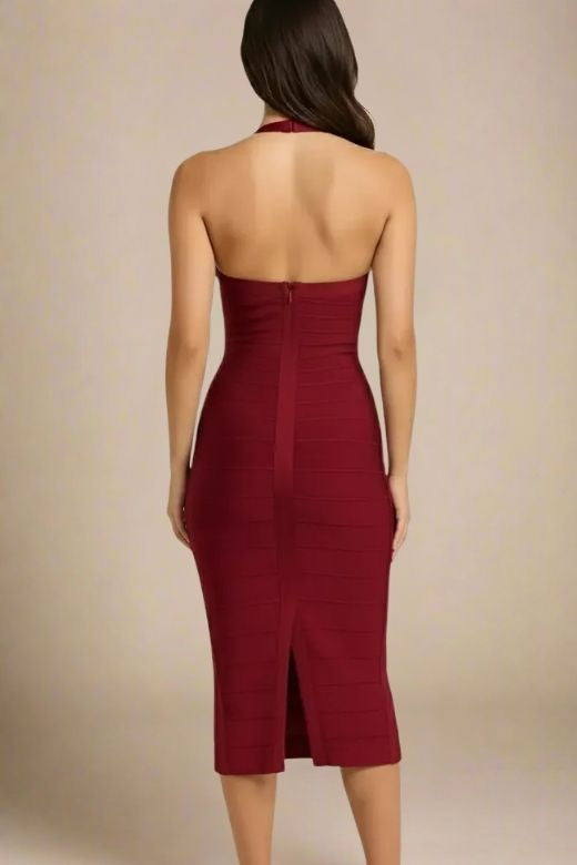 Woman wearing a figure flattering  Lara Bandage Midi Dress - Red Wine BODYCON COLLECTION Pty Ltd