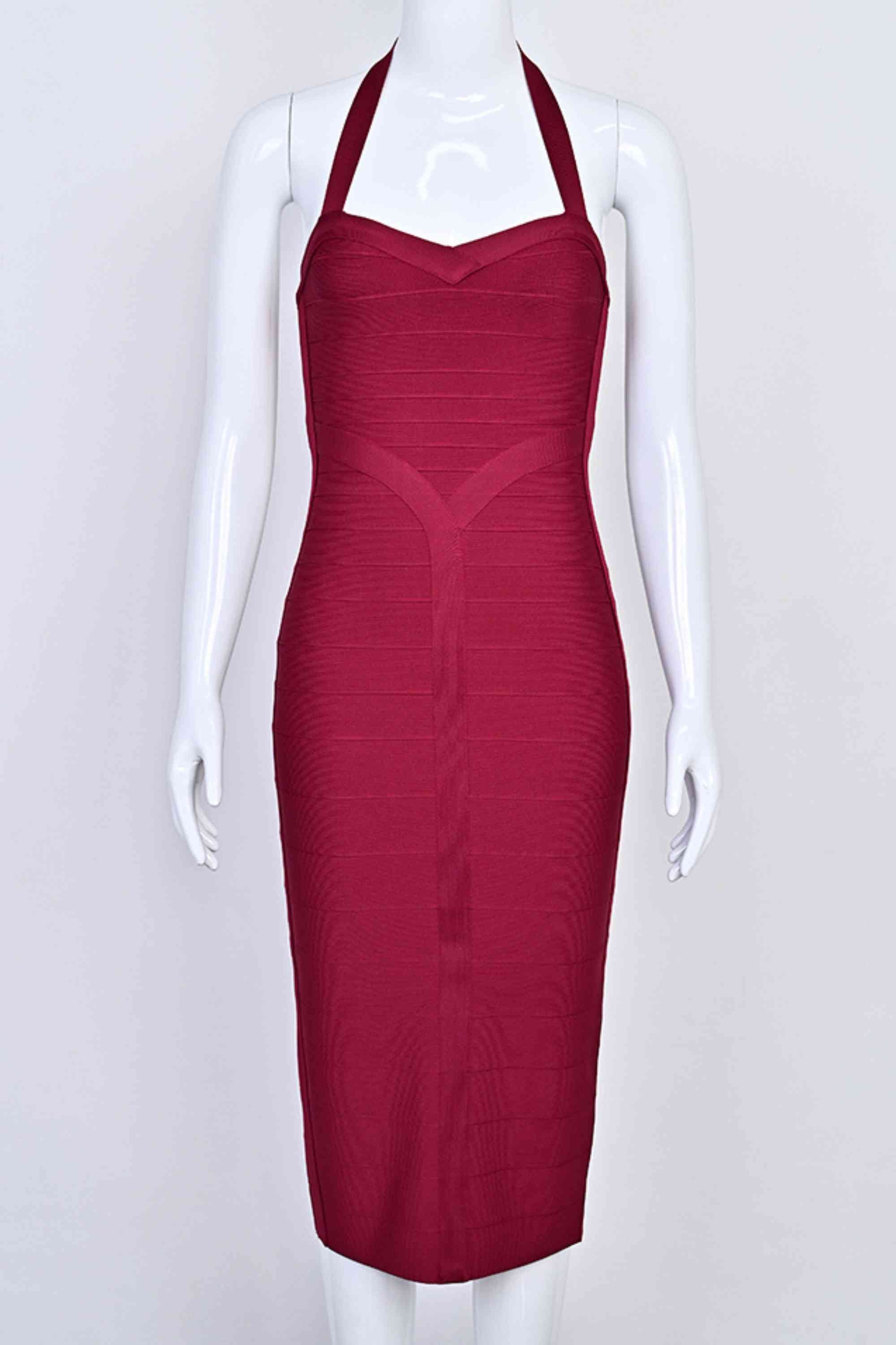 Woman wearing a figure flattering  Lara Bandage Midi Dress - Red Wine BODYCON COLLECTION Pty Ltd