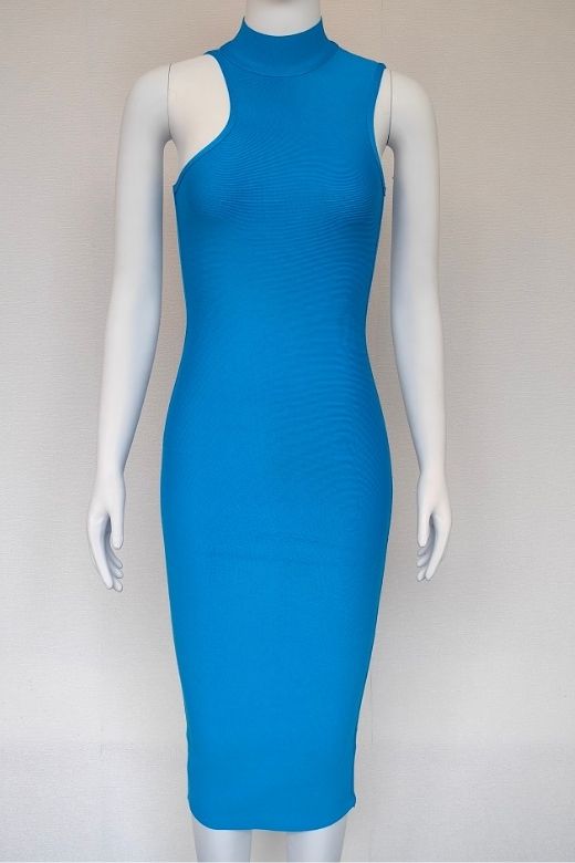 Woman wearing a figure flattering  Layla Bandage Midi Dress - Sky Blue Bodycon Collection