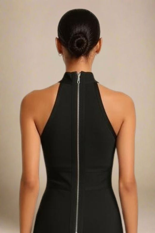 Woman wearing a figure flattering  Lea Bandage Midi Dress - Classic Black Bodycon Collection