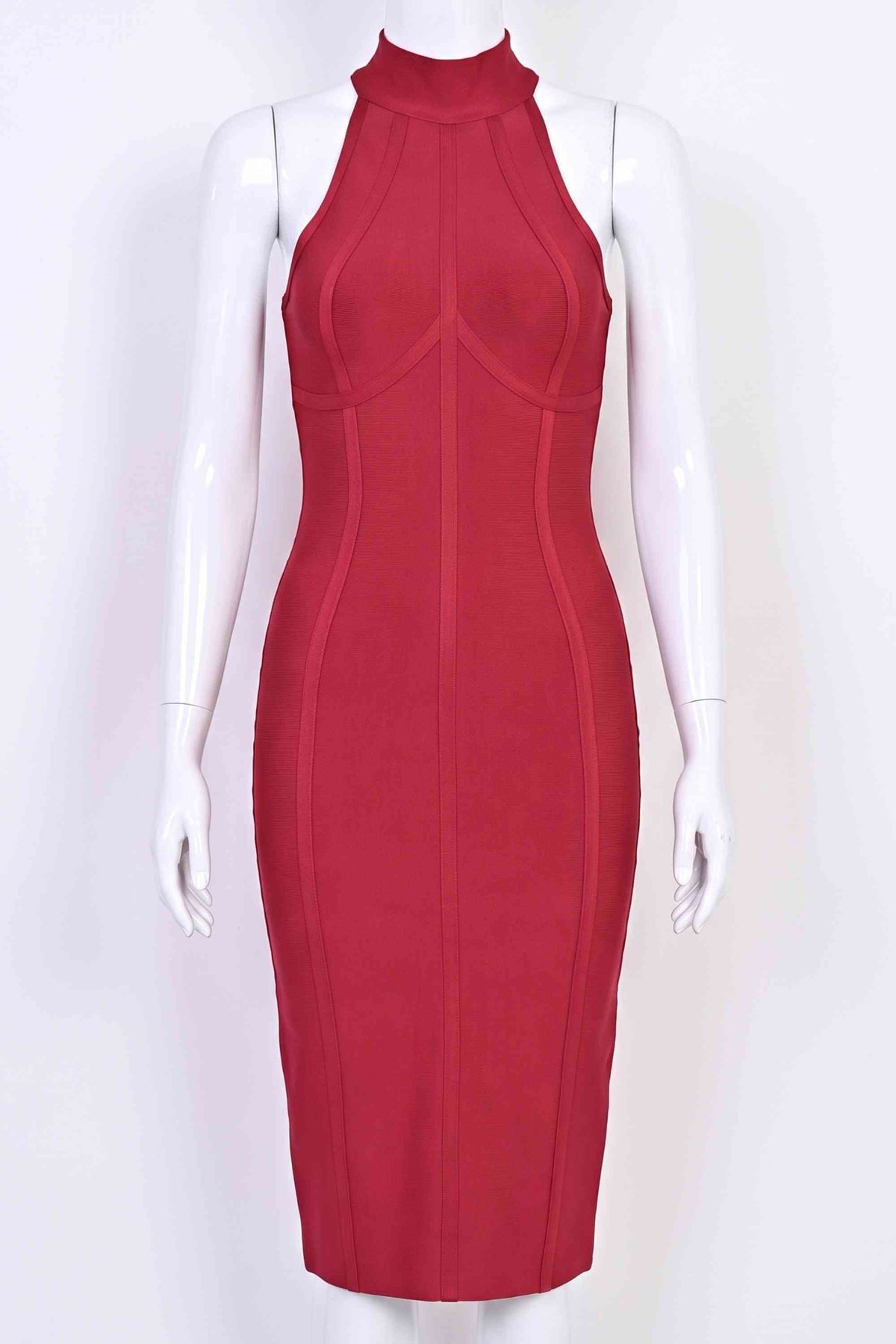 Woman wearing a figure flattering  Lea Bandage Midi Dress - Red Wine Bodycon Collection
