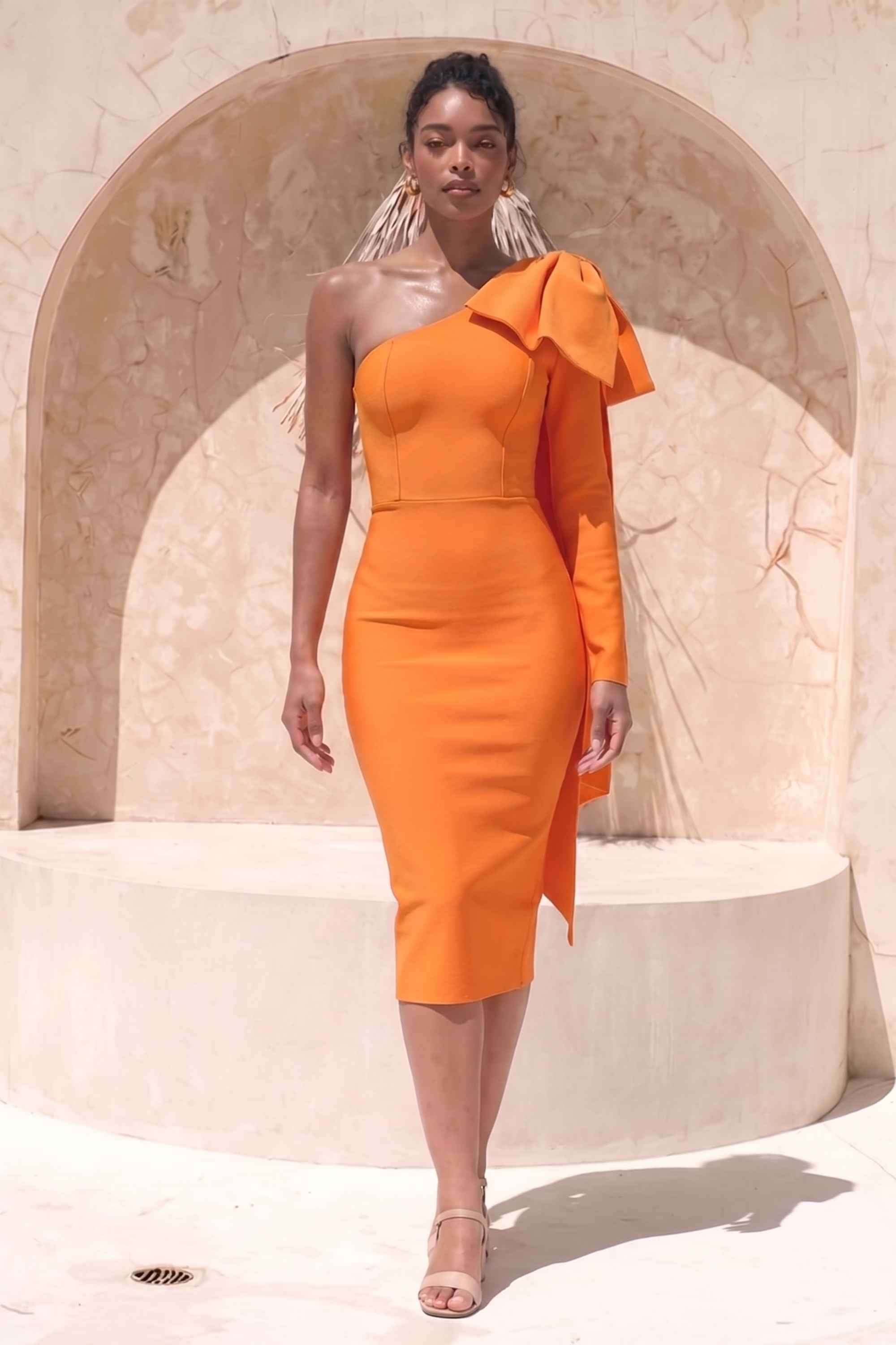 Woman wearing a figure flattering  Lela Long Sleeve Bandage Midi Dress - Apricot Orange BODYCON COLLECTION
