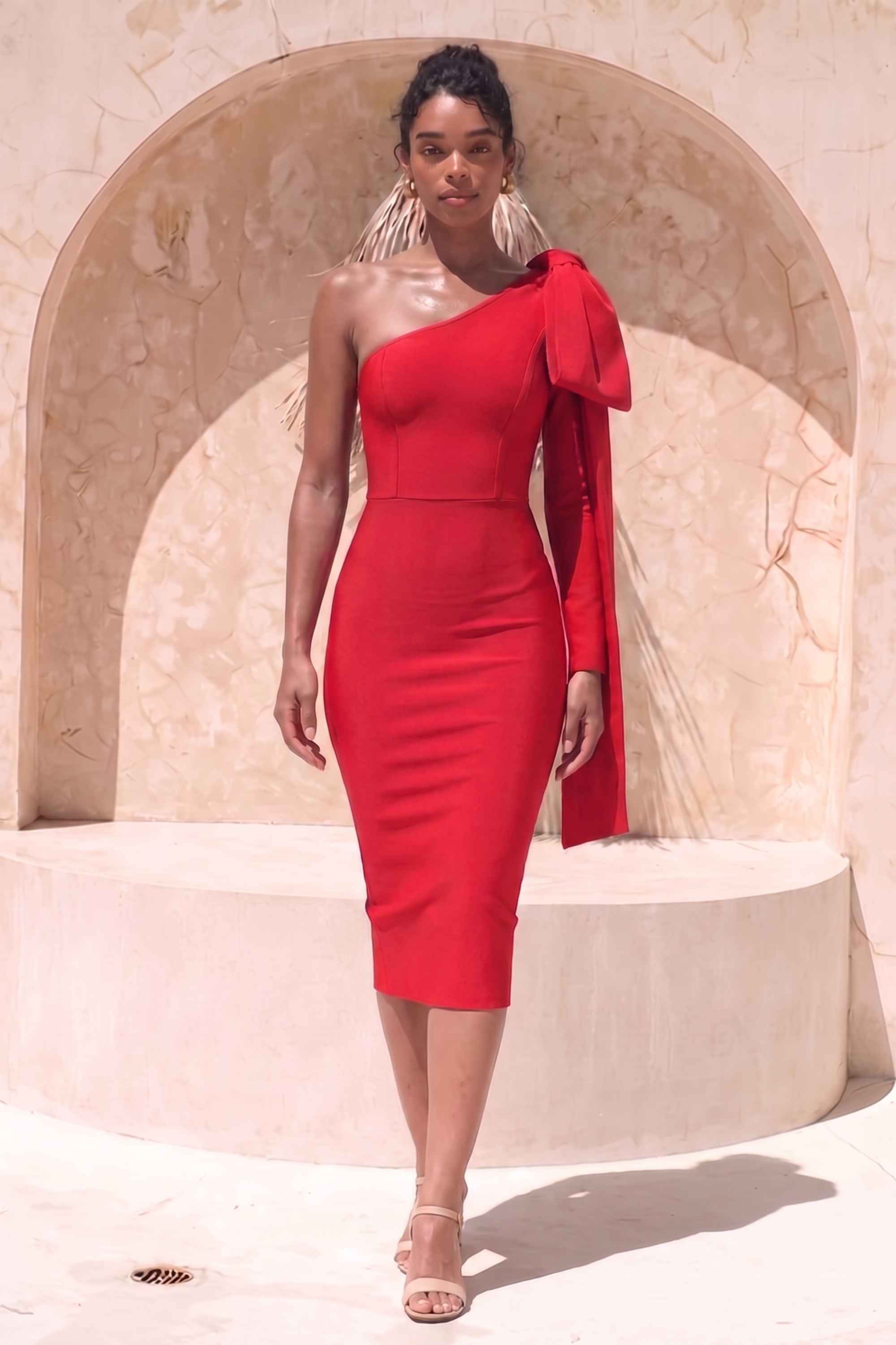 Woman wearing a figure flattering  Lela Long Sleeve Bandage Midi Dress - Lipstick Red BODYCON COLLECTION