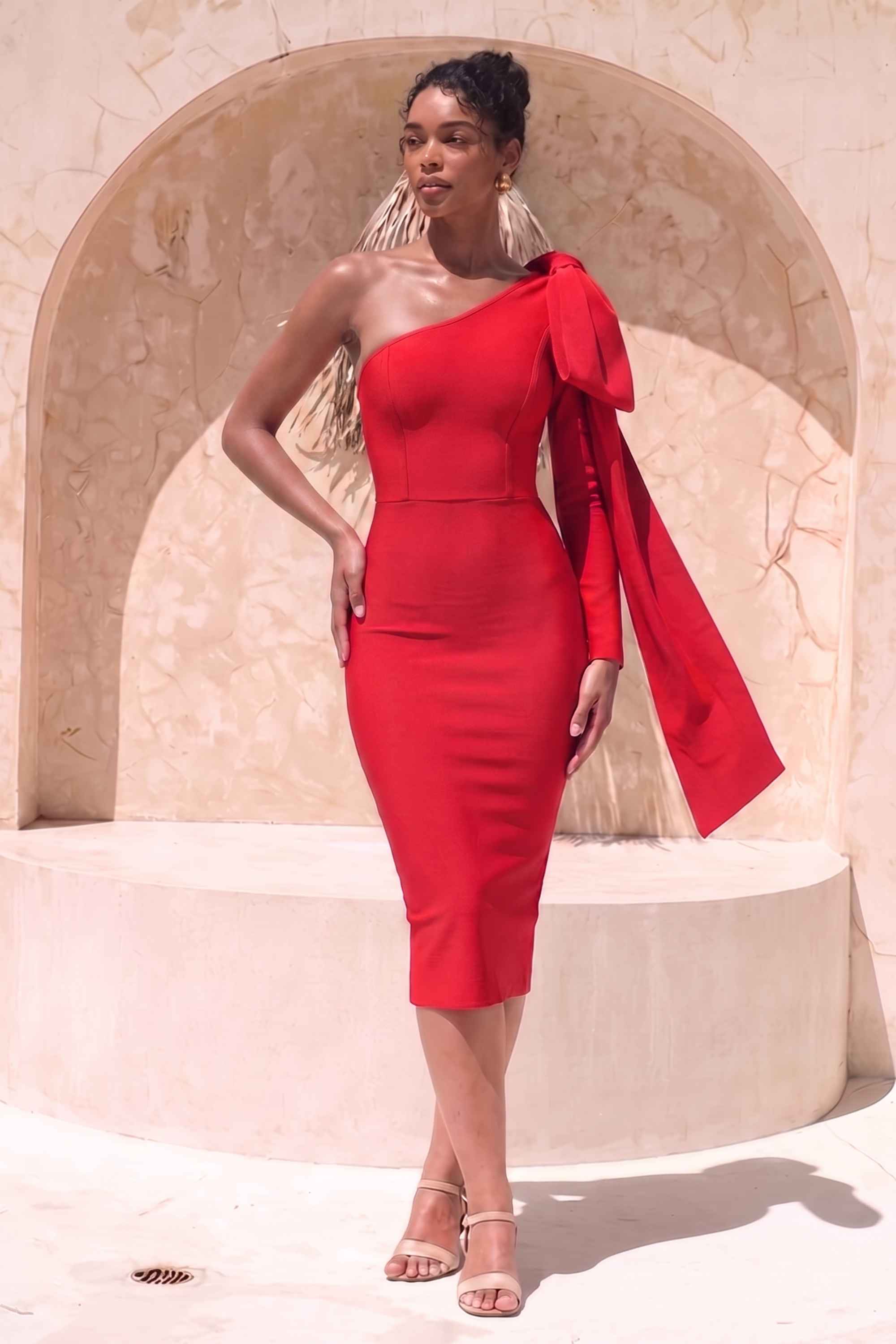 Woman wearing a figure flattering  Lela Long Sleeve Bandage Midi Dress - Lipstick Red BODYCON COLLECTION