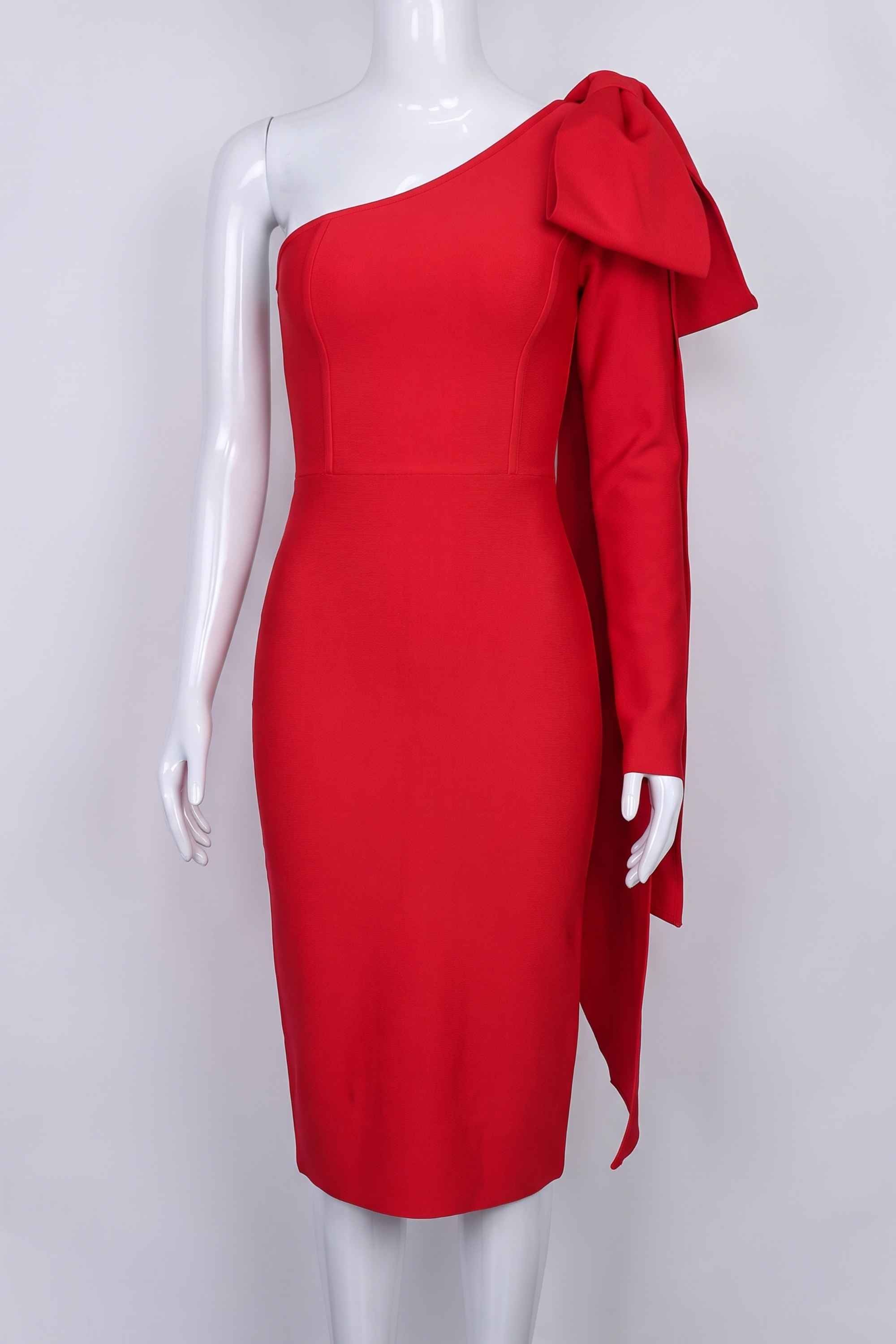 Woman wearing a figure flattering  Lela Long Sleeve Bandage Midi Dress - Lipstick Red BODYCON COLLECTION