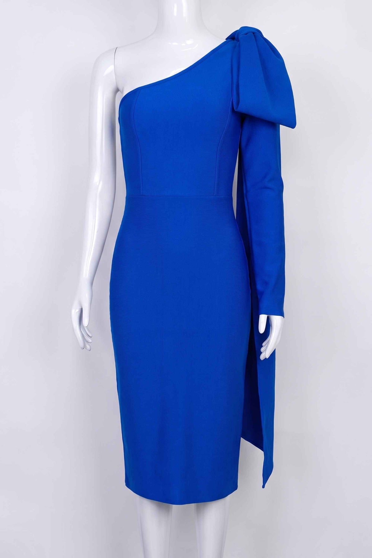 Woman wearing a figure flattering  Lela Long Sleeve Bandage Midi Dress - Royal Blue BODYCON COLLECTION