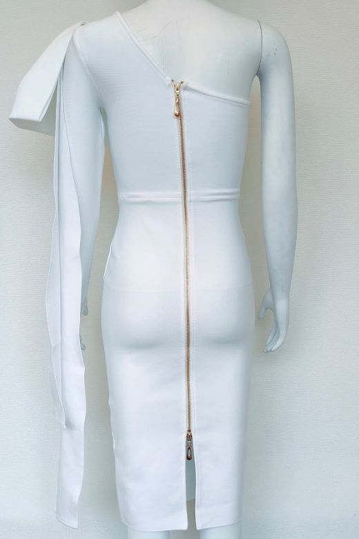 Woman wearing a figure flattering  Lela Long Sleeve Bandage Midi Dress - White Pearl BODYCON COLLECTION