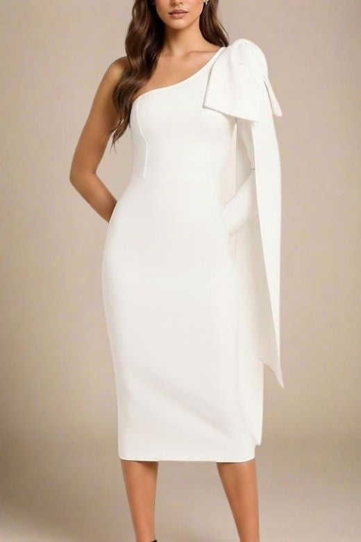 Woman wearing a figure flattering  Lela Long Sleeve Bandage Midi Dress - White Pearl BODYCON COLLECTION