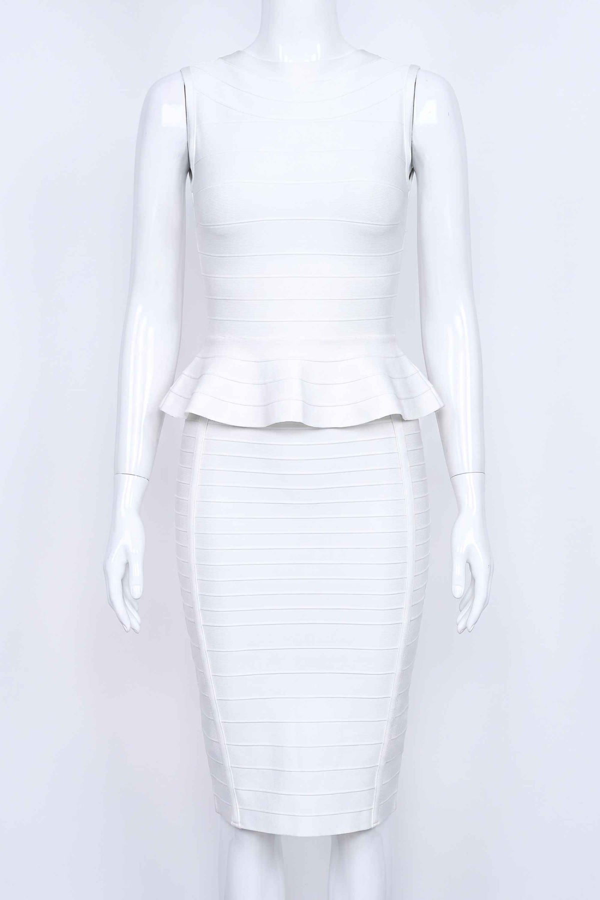 Woman wearing a figure flattering  Leni Bandage Top - Pearl White BODYCON COLLECTION