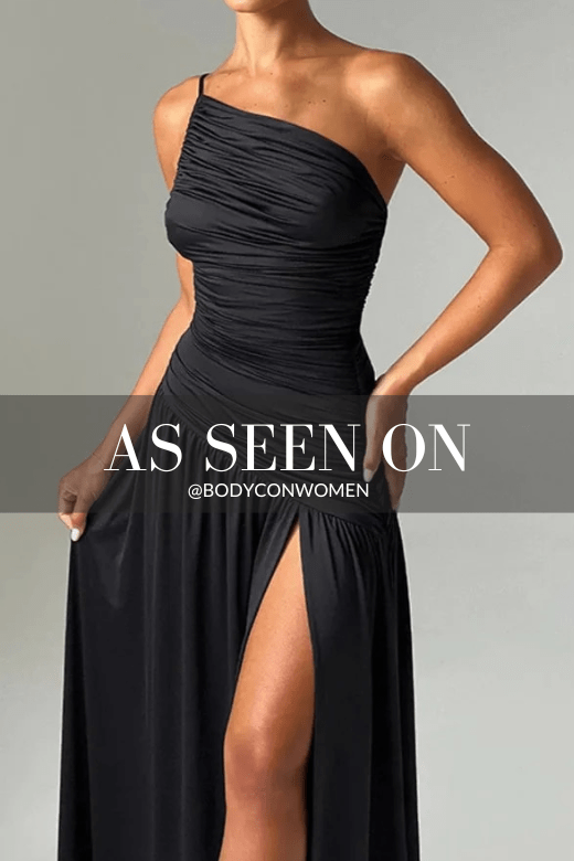 Woman wearing a figure flattering  Lenni Bodycon Midi Wrap Dress - Classic Black BODYCON COLLECTION