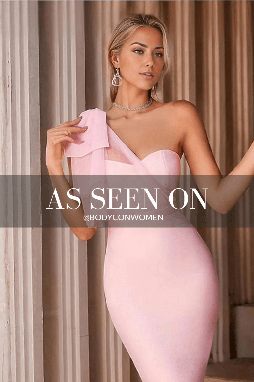 Woman wearing a figure flattering  Lesley Bandage Dress - Dusty Pink BODYCON COLLECTION