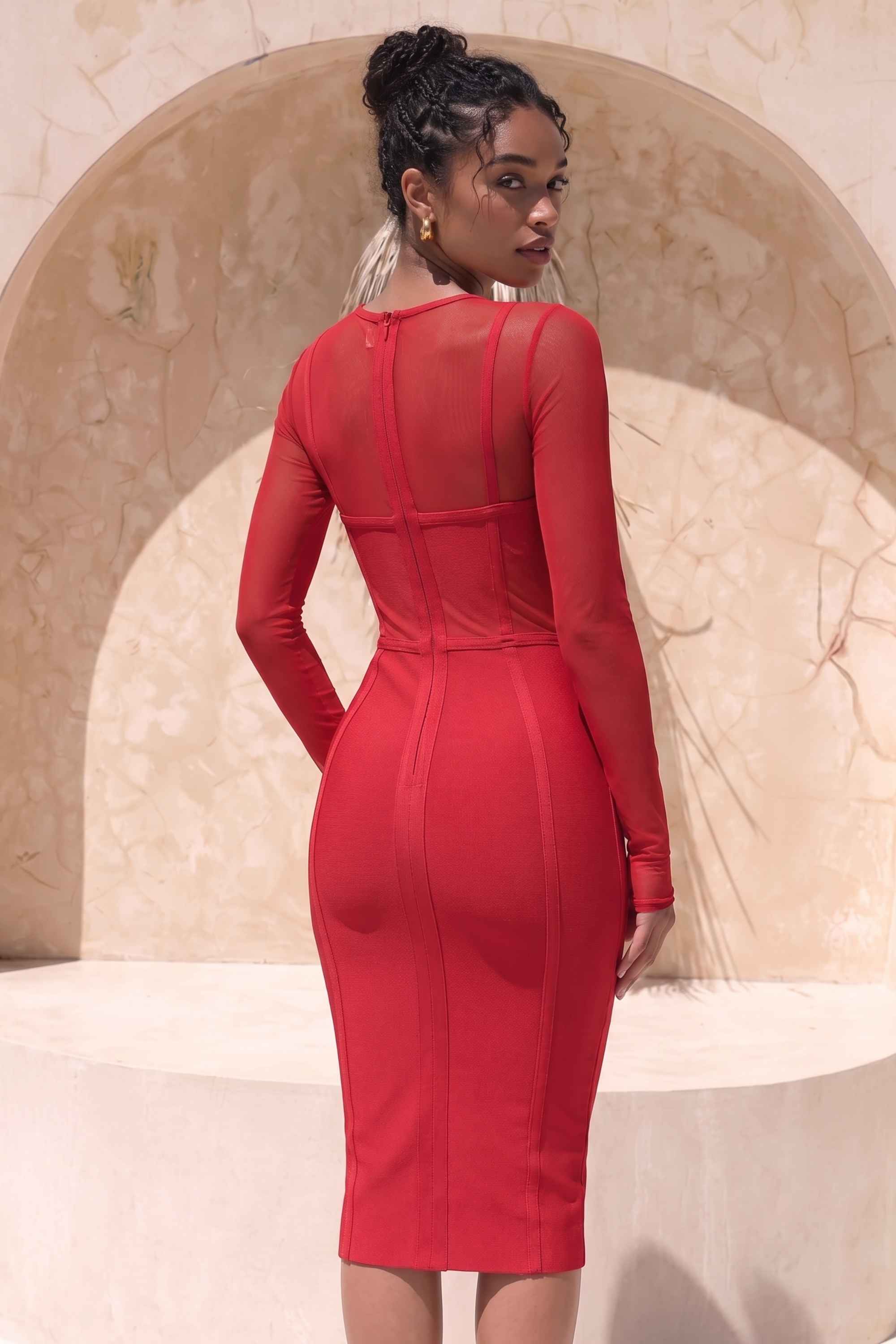 Woman wearing a figure flattering  Lexi Long Sleeve Bodycon Midi Dress - Red Wine BODYCON COLLECTION