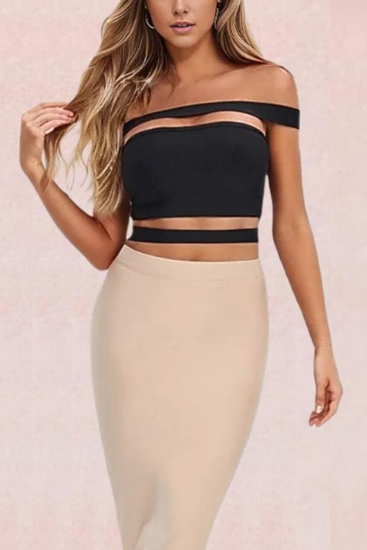 Woman wearing a figure flattering  Lexia Bandage Crop Top - Classic Black BODYCON COLLECTION