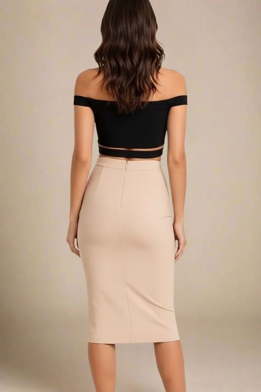 Woman wearing a figure flattering  Lexia Bandage Top and Midi Skirt Set - Classic Black BODYCON COLLECTION