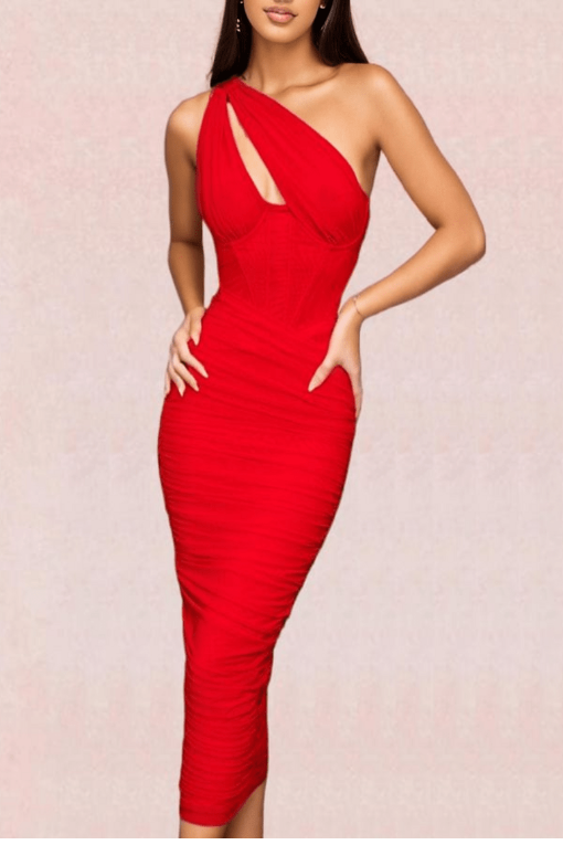 Woman wearing a figure flattering  Lily Bodycon Wrap Midi Dress - Lipstick Red BODYCON COLLECTION