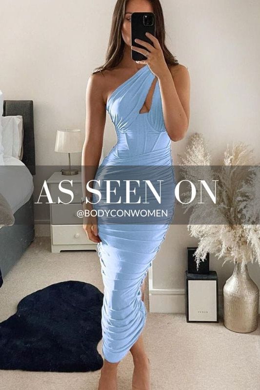 Woman wearing a figure flattering  Lily Bodycon Wrap Midi Dress - Sky Blue BODYCON COLLECTION
