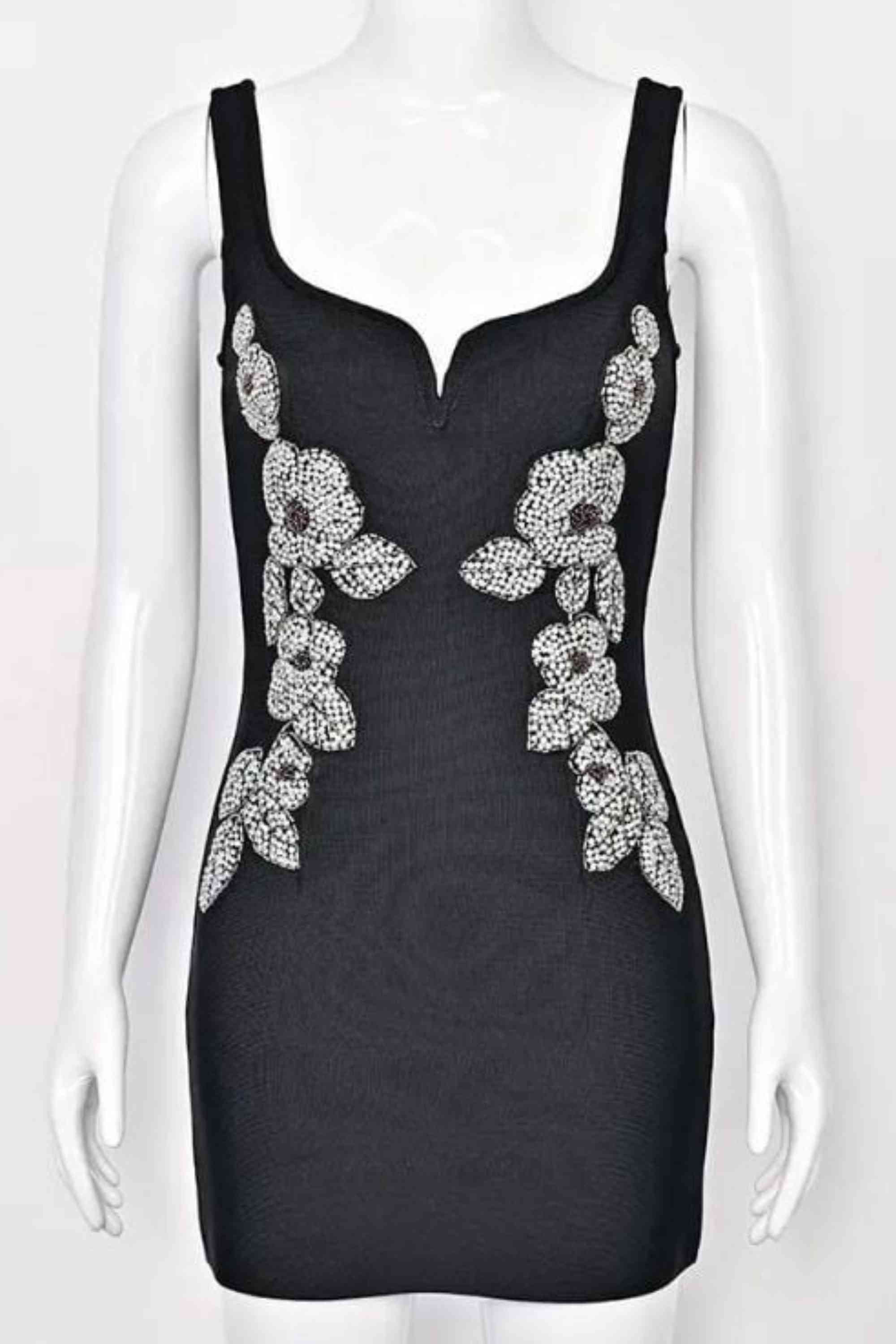 Woman wearing a figure flattering  Livia Bodycon Mini Dress - Classic Black BODYCON COLLECTION Pty Ltd