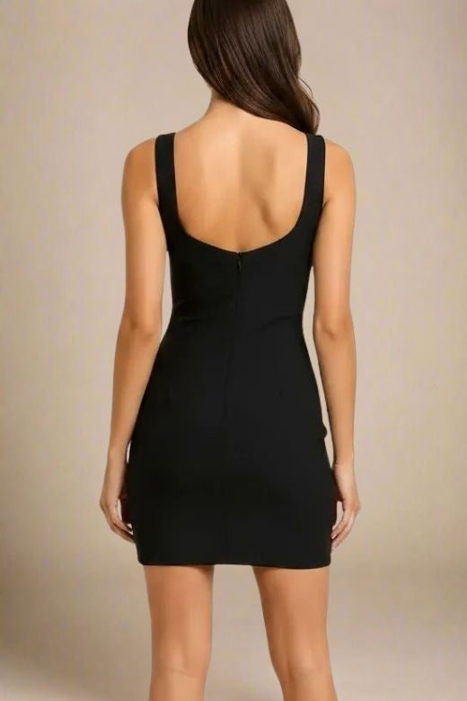 Woman wearing a figure flattering  Livia Wrap Bodycon Mini Dress - Classic Black BODYCON COLLECTION Pty Ltd