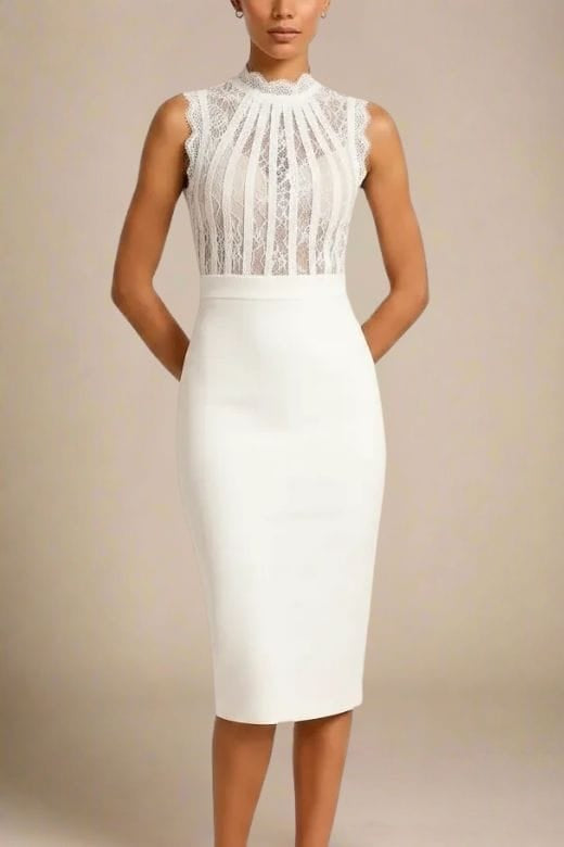 Woman wearing a figure flattering  Lori Bodycon Dress - White Pearl BODYCON COLLECTION Pty Ltd
